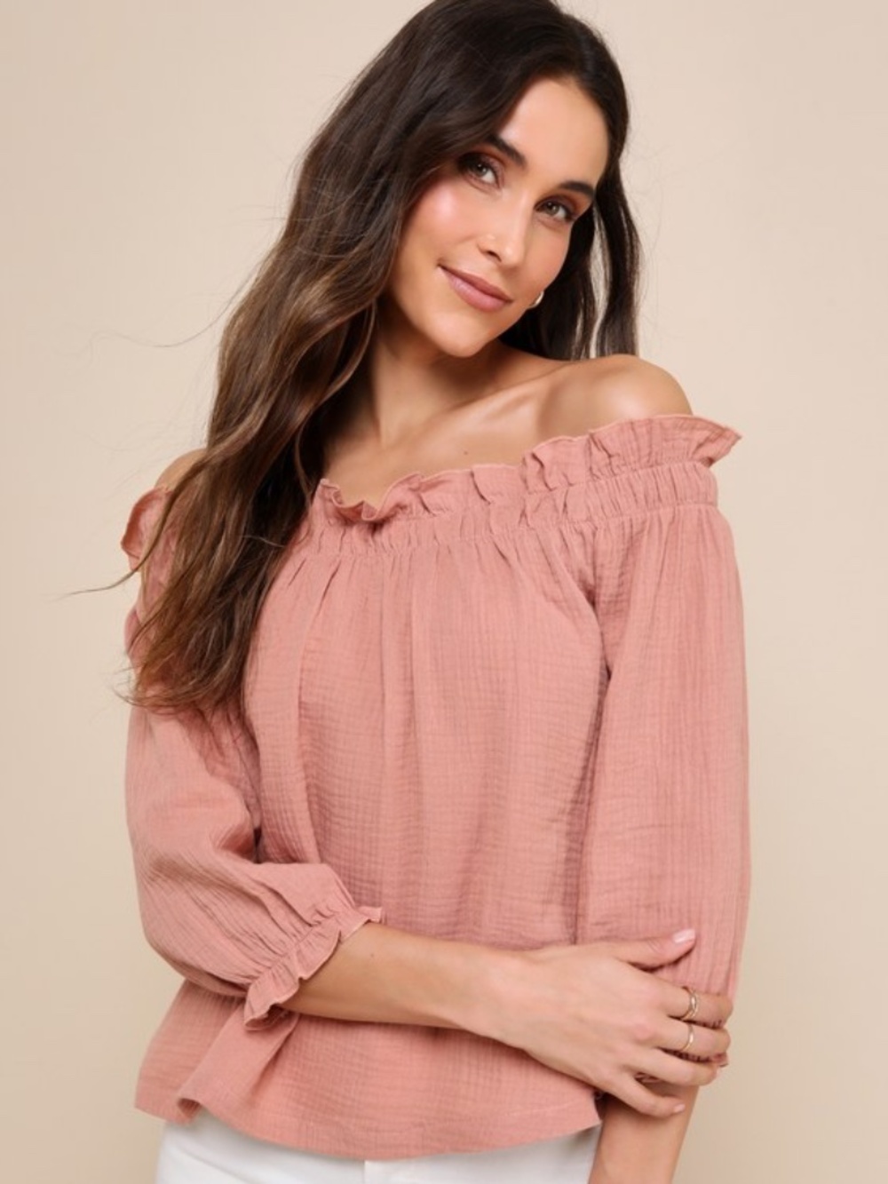 Lulus Sweet One Rusty Rose Off-the-shoulder Three-quarter Sleeve Top Pink